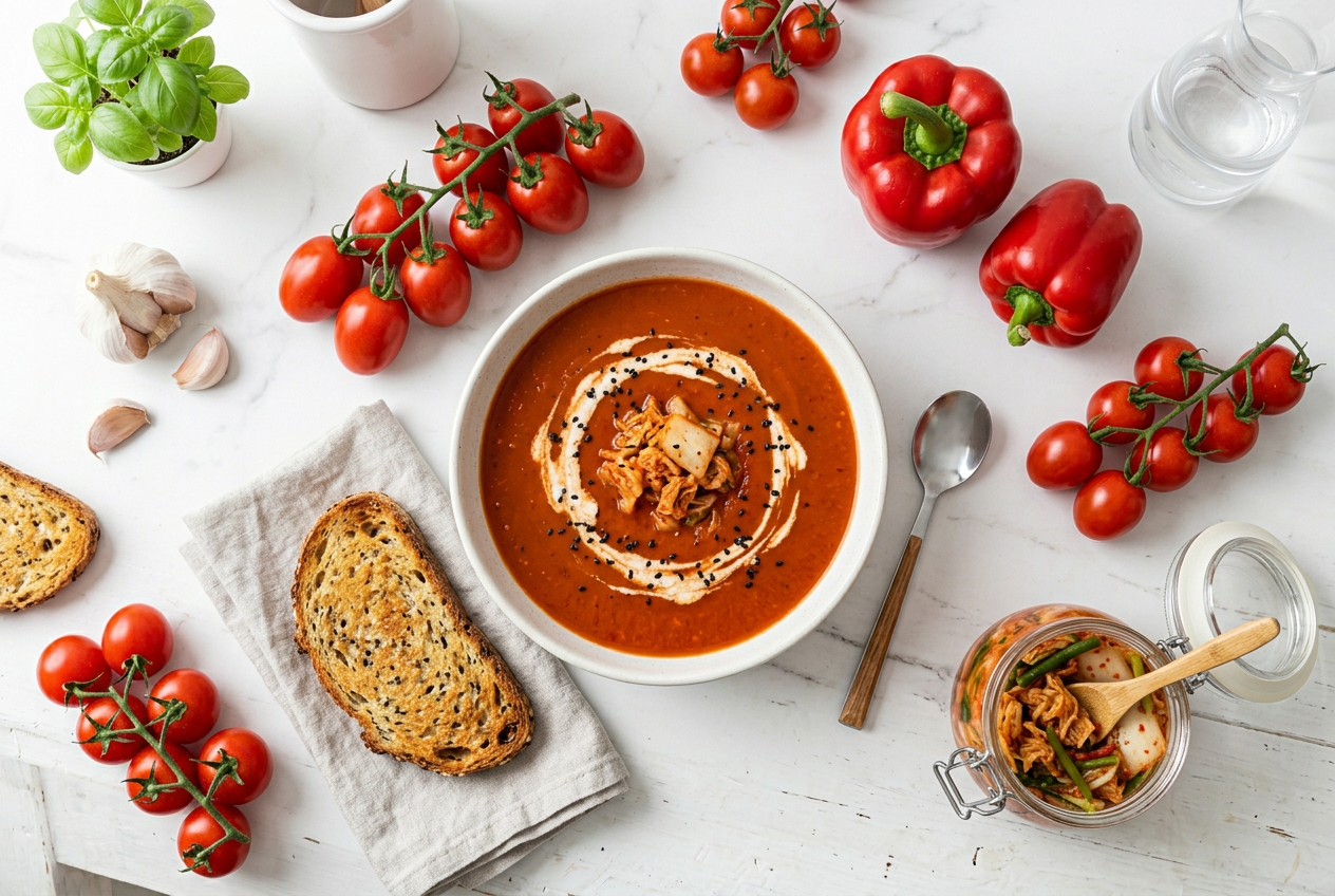 Roasted Tomato, Pepper, Kimchi Soup
