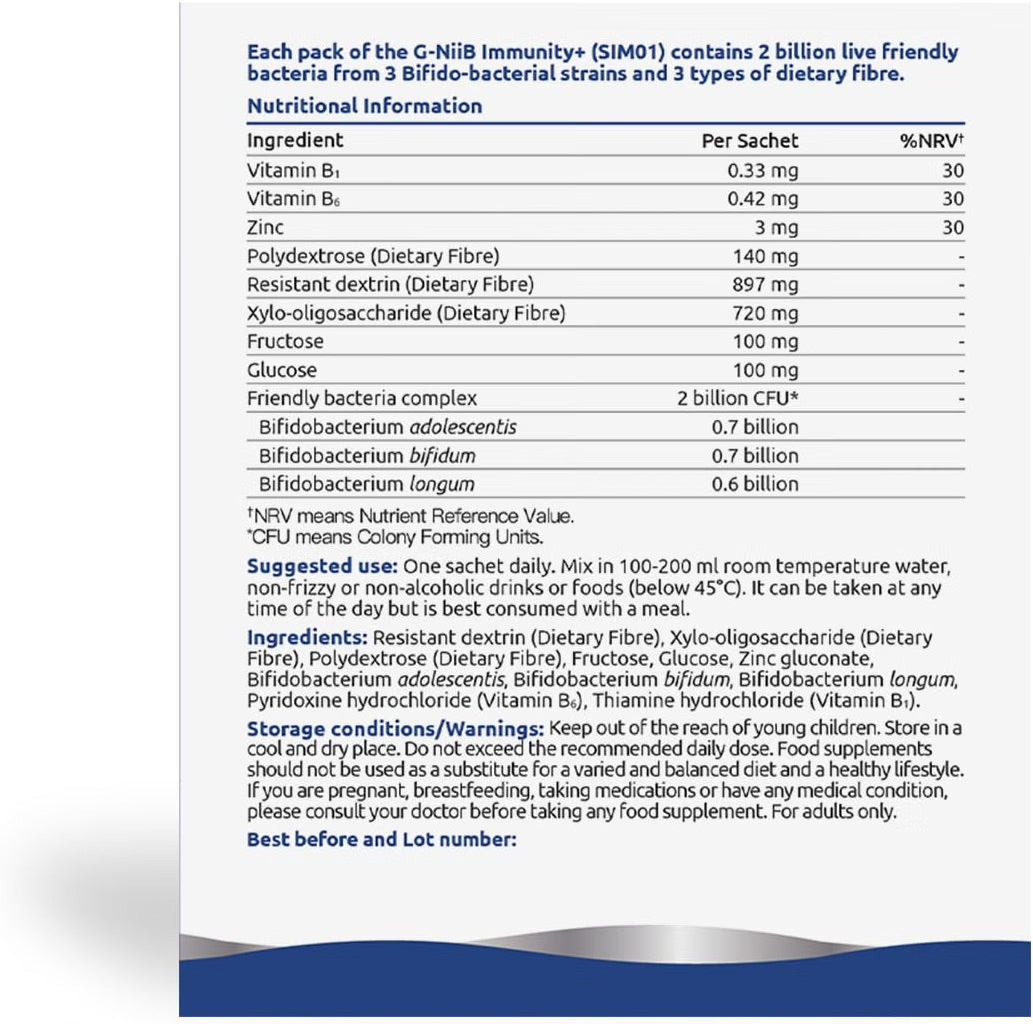 G-NiiB Immunity (SIM01) – Supplement with Live Friendly Bacteria, Dietary Fibres, Zinc, B6 and B1, 28-Day Use x2 + 7 Days x2