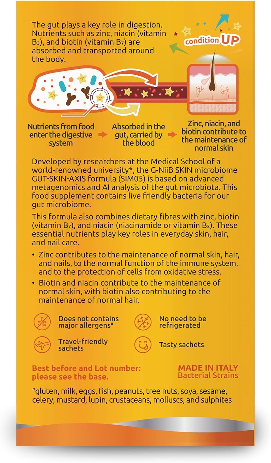 G-NiiB SKIN (SIM05) – Probiotics with Prebiotics, Zinc, Niacinamide (Vitamin B3) and Biotin (Vitamin B7) - for Skin, Hair, Nails - 28-day use