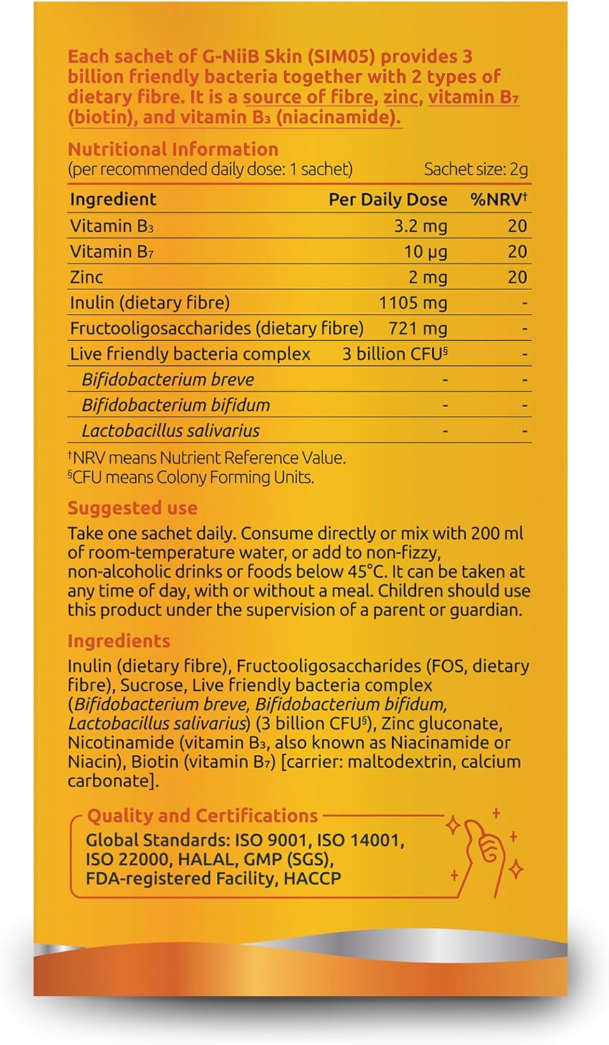 G-NiiB SKIN (SIM05) – Probiotics with Prebiotics, Zinc, Niacinamide (Vitamin B3) and Biotin (Vitamin B7) - for Skin, Hair, Nails - 28-day use